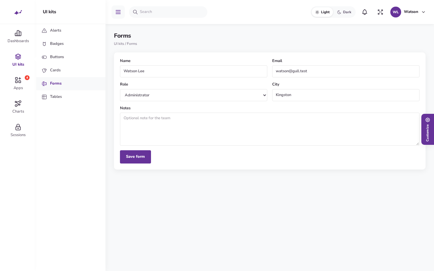 Fascia form with two columns, validation, and primary, secondary, and success buttons