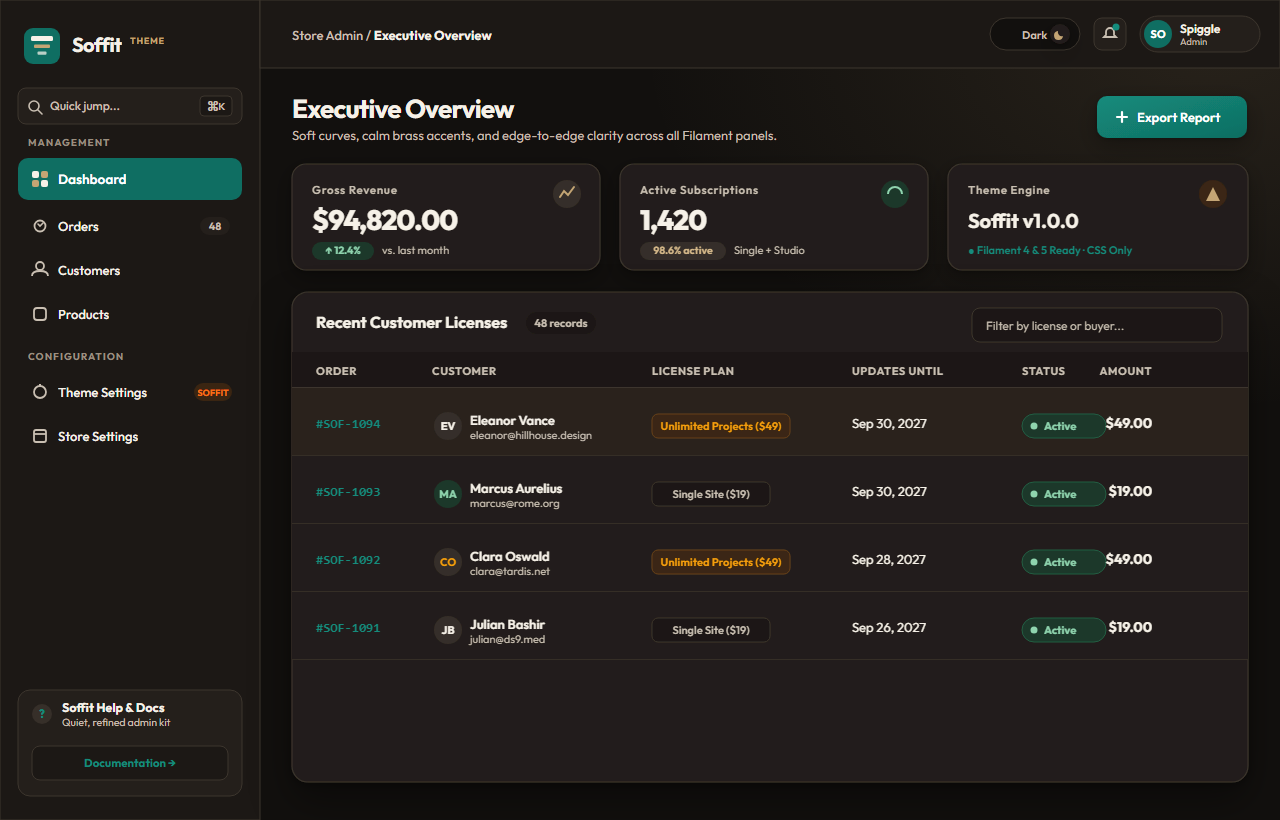 Soffit Theme dark mode preview showing deep espresso slate, soft night surfaces, and teal highlights