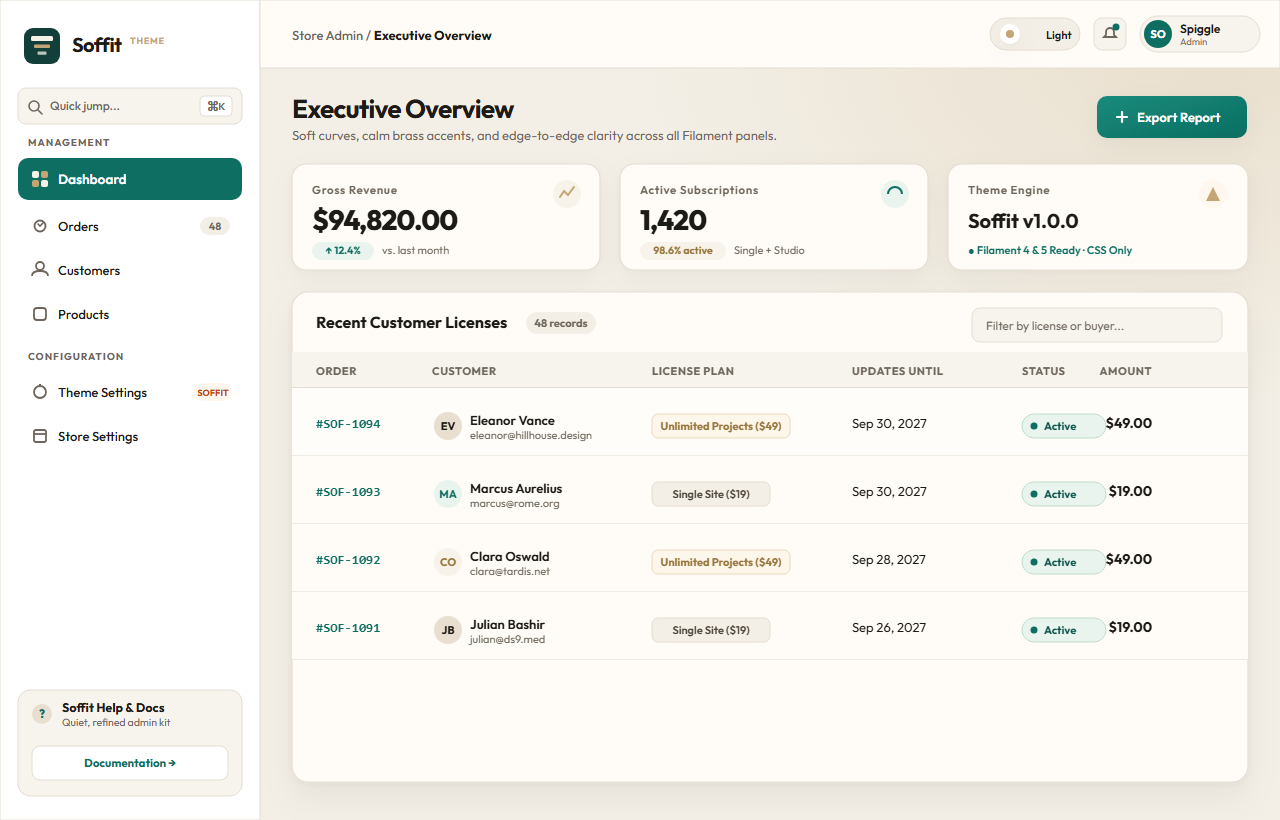 Soffit Theme light mode preview showing white sidebar, ivory surfaces, and calm teal accents