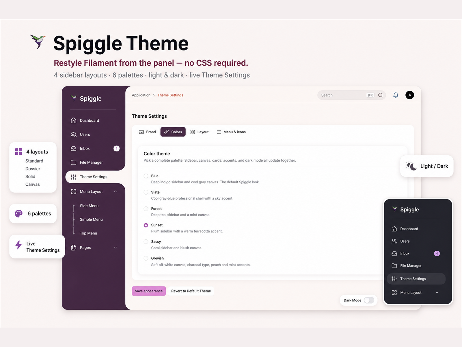 Spiggle Theme Settings: Sunset palette, Standard sidebar, Brand · Colors · Layout · Menu tabs