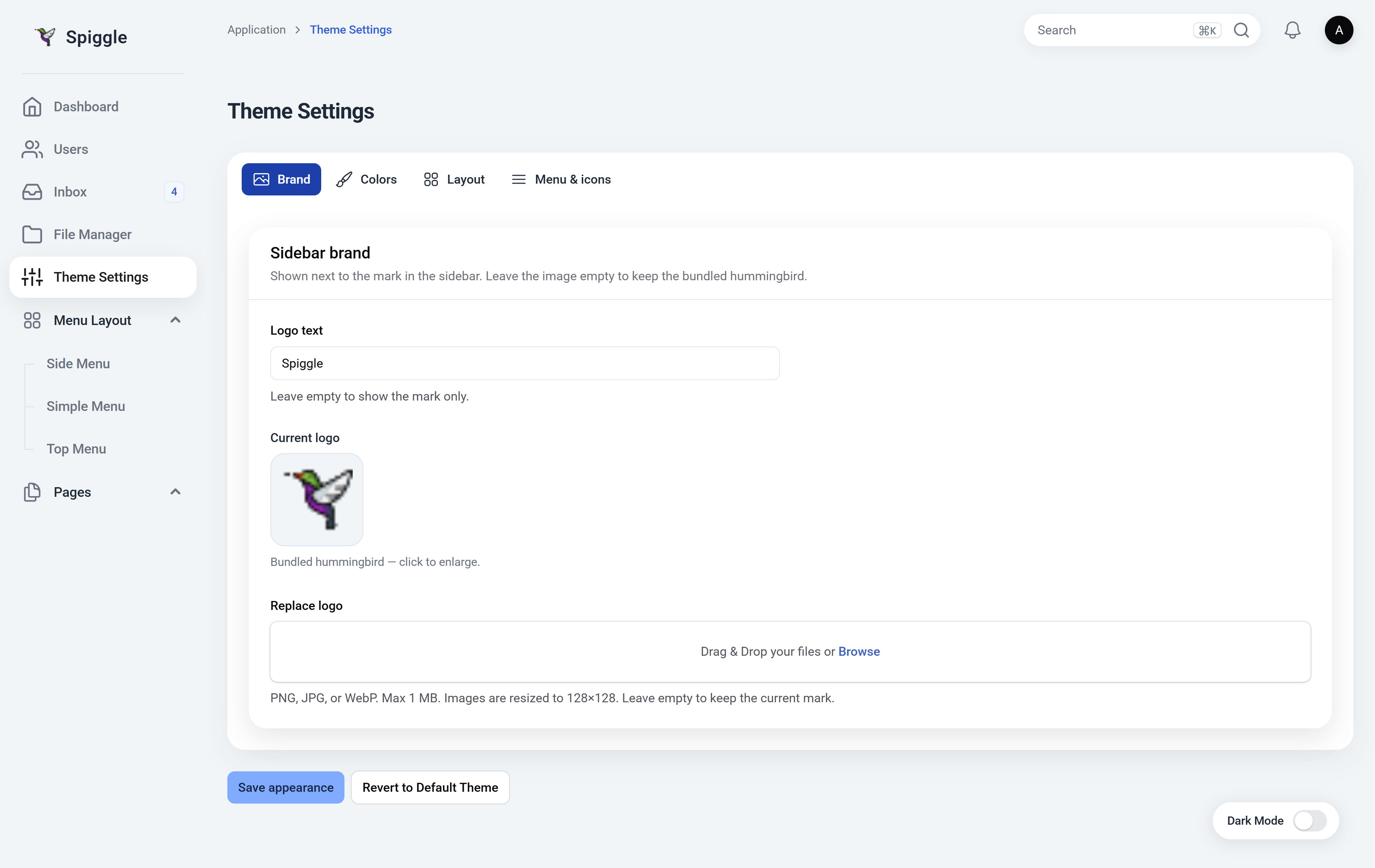 Canvas sidebar, Blue palette, Brand tab