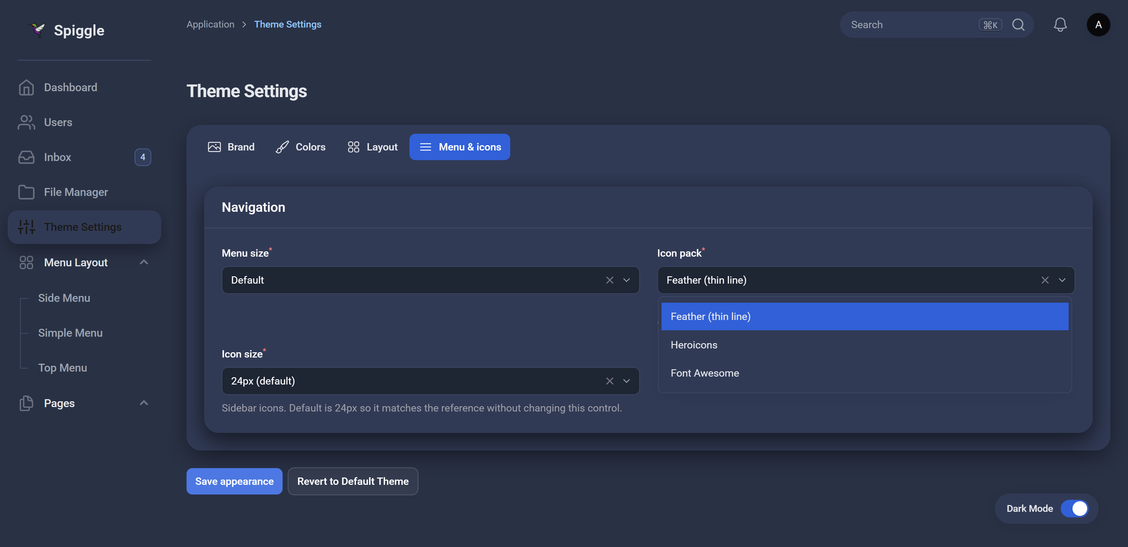 Canvas sidebar, dark mode, Menu & icons tab