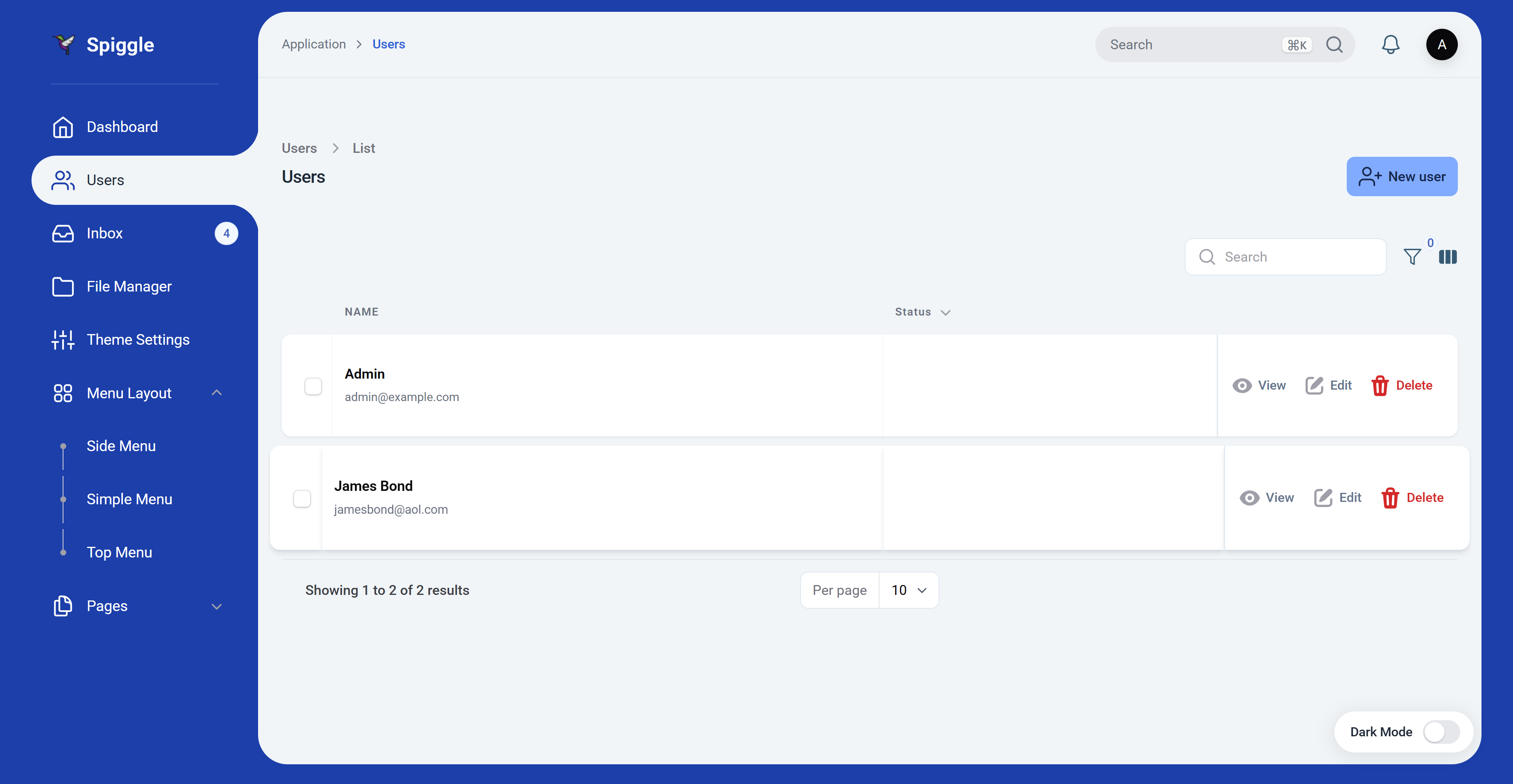 Standard sidebar, Blue palette, Users list