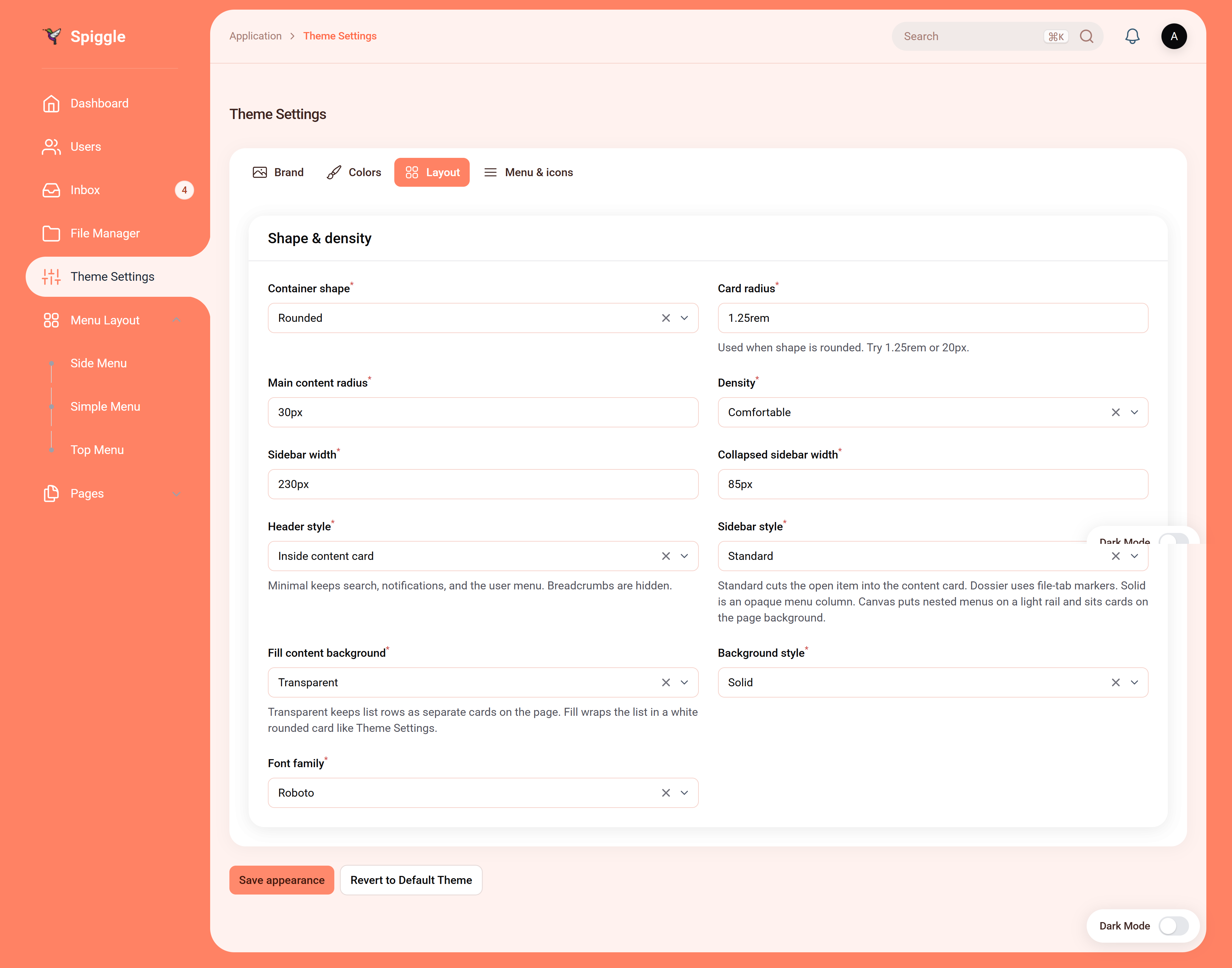 Standard sidebar, Sassy palette, Layout tab