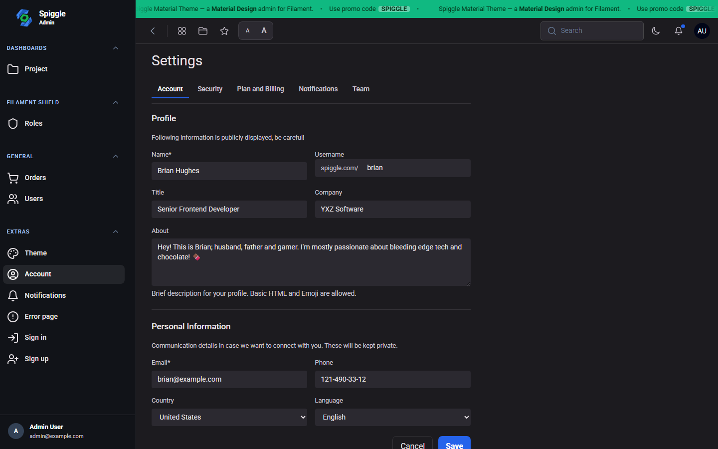 Account page with compact Material form