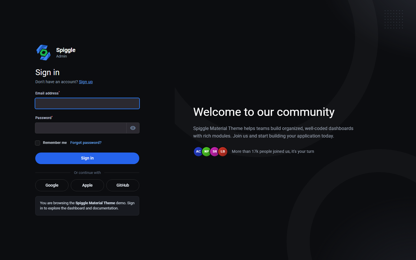 Material Theme sign-in screen with brand logo and welcome panel