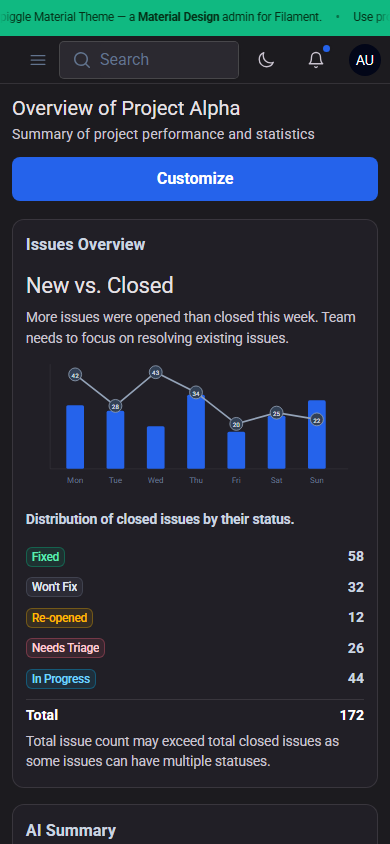 Material Theme dashboard on a phone