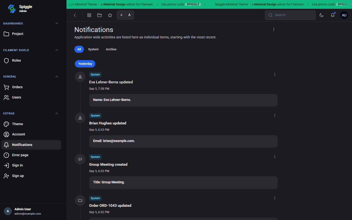 Notifications page with All, System, and Archive tabs