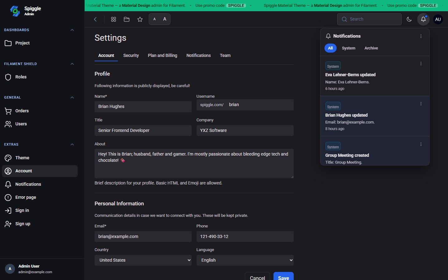 Notification panel with mark read, delete, and overflow menus