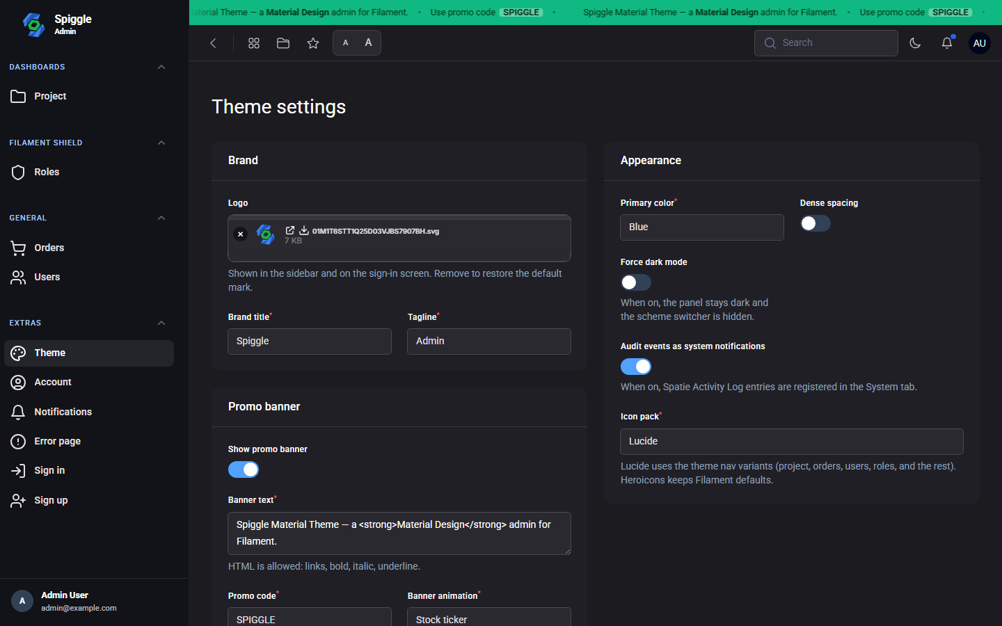 Theme Settings: brand logo, promo banner, primary color, Lucide icons