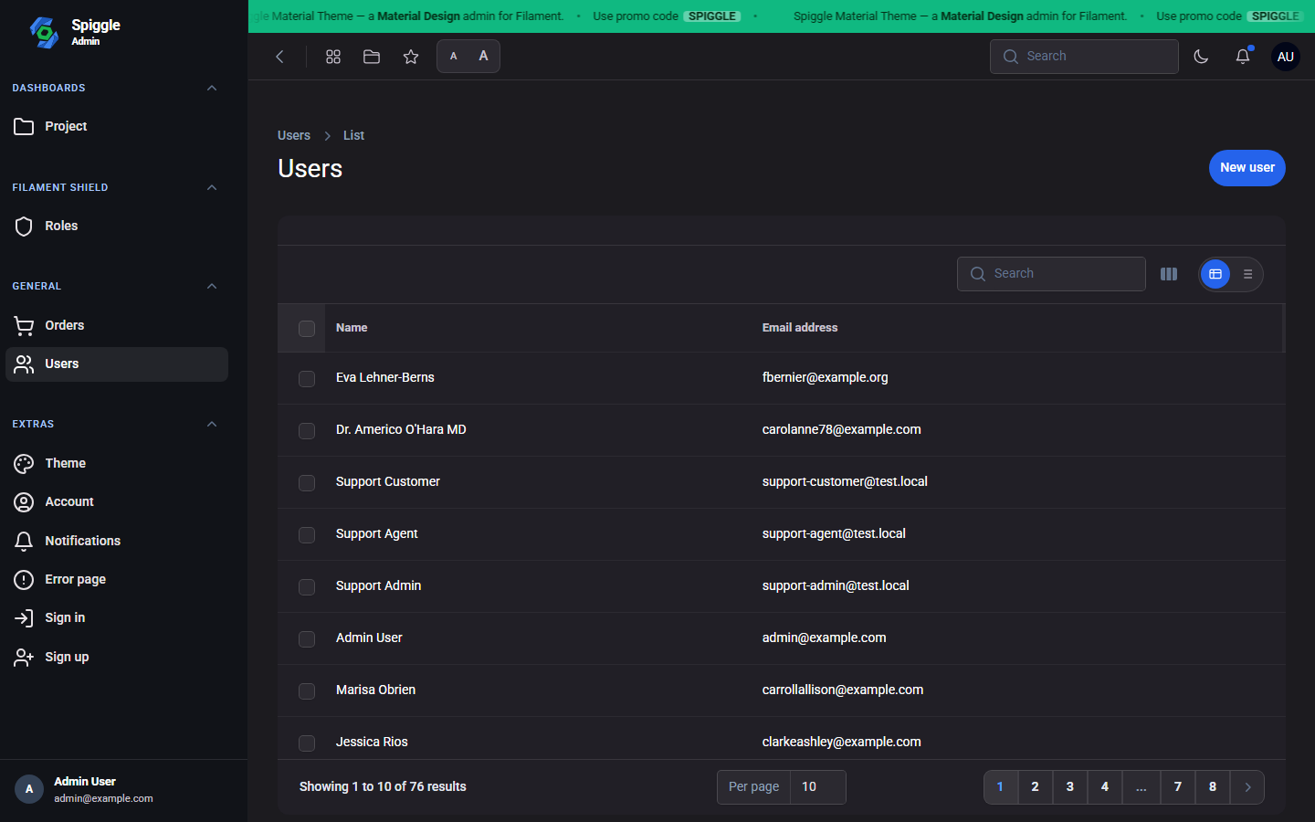 Users table restyled with Material chrome, search, and pagination