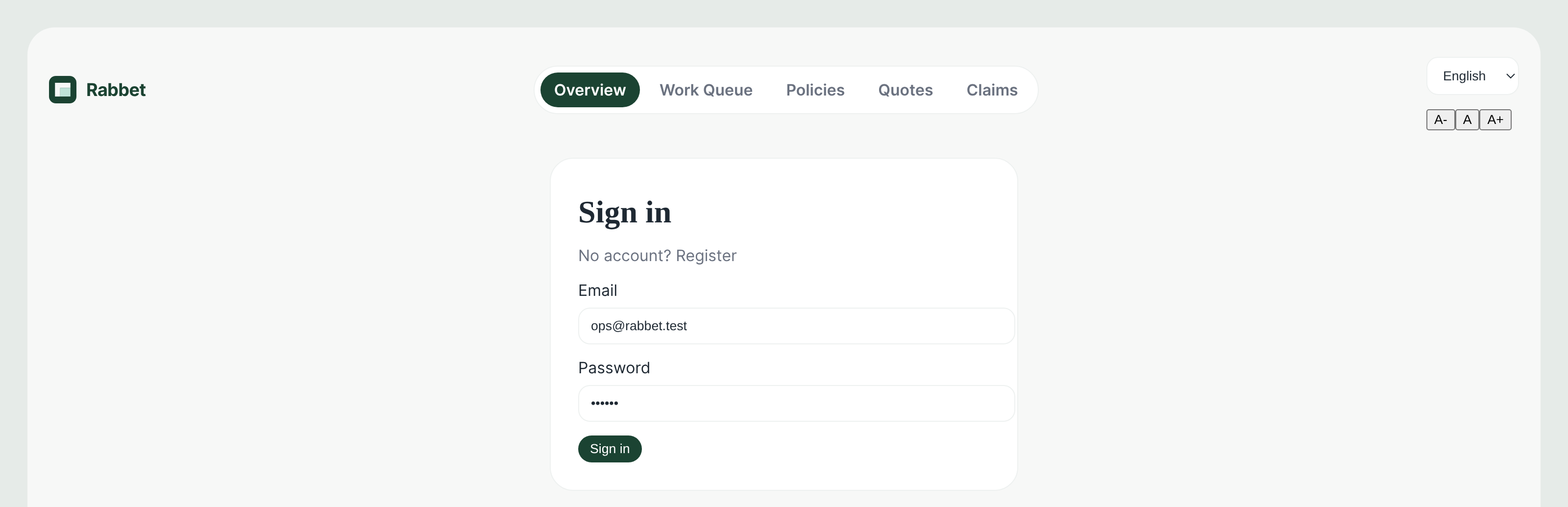 Rabbet Sign In page with branded card and utility bar