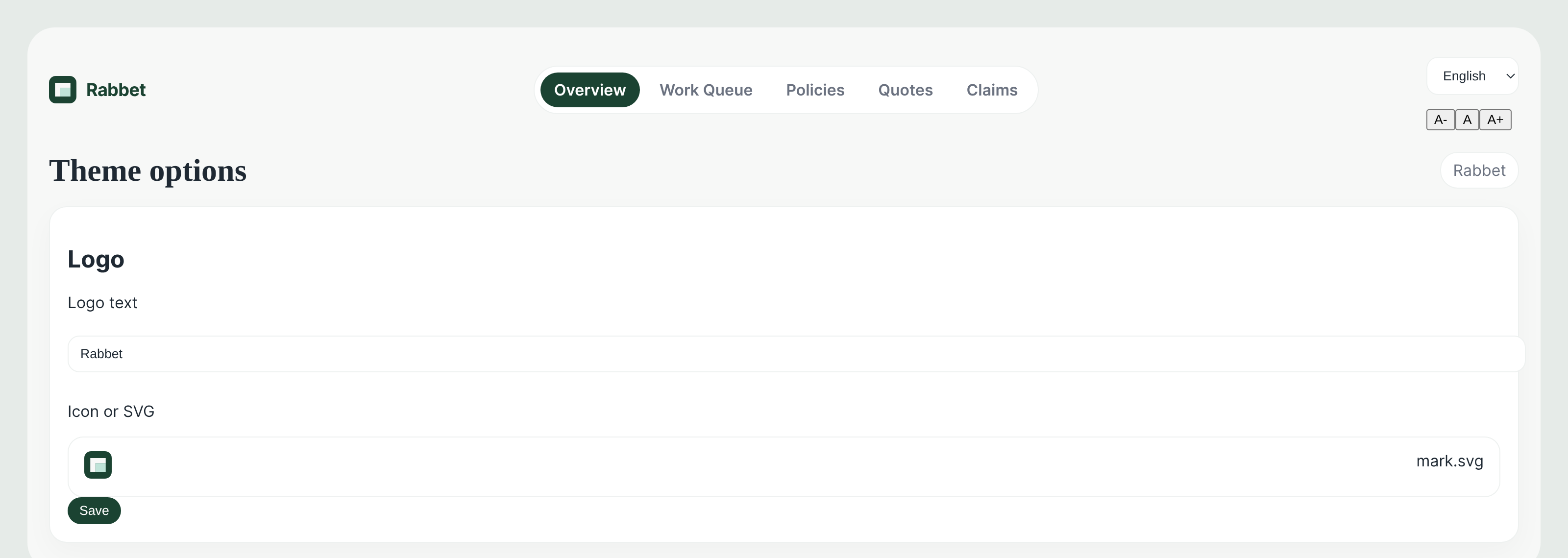 Rabbet Theme options panel with logo text and icon upload